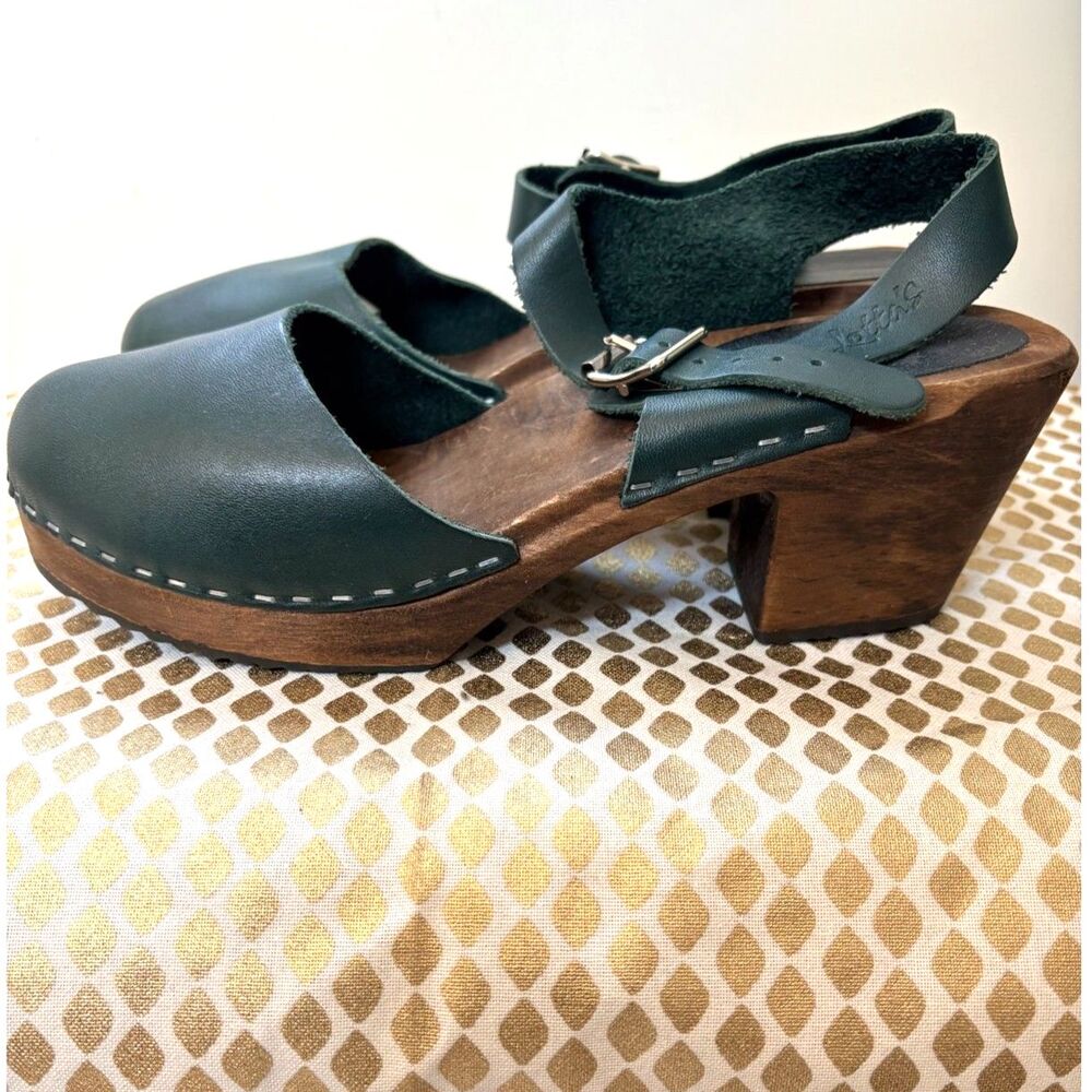 Lotta from Stockholm Dark Hunter Forest Green Leather Wood Heel Clog Sandals 41 - Picture 14 of 14